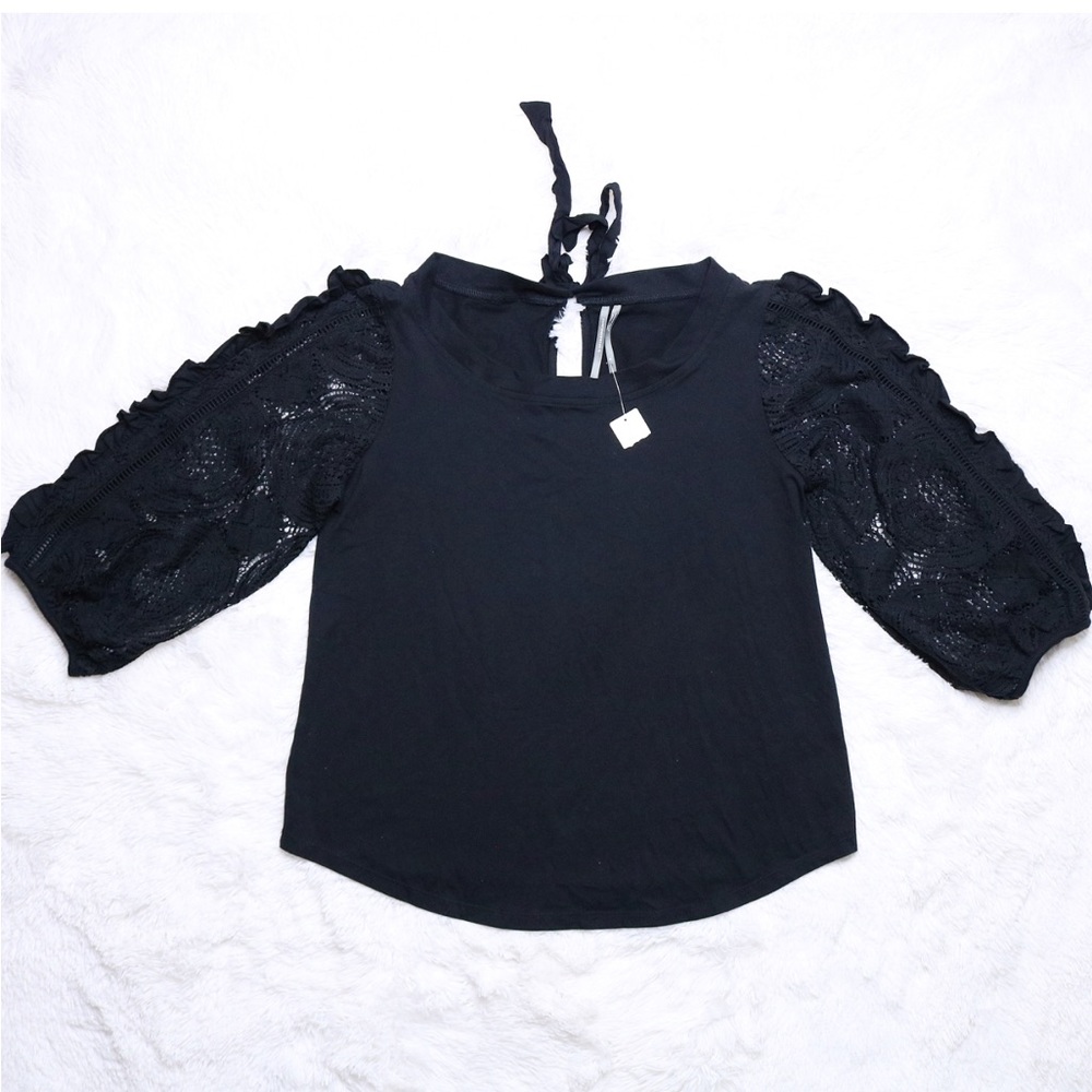 ANTHROPOLOGIE Black Lace Ruffle 3/4 Puff Sleeve Top w/ Tie in Back